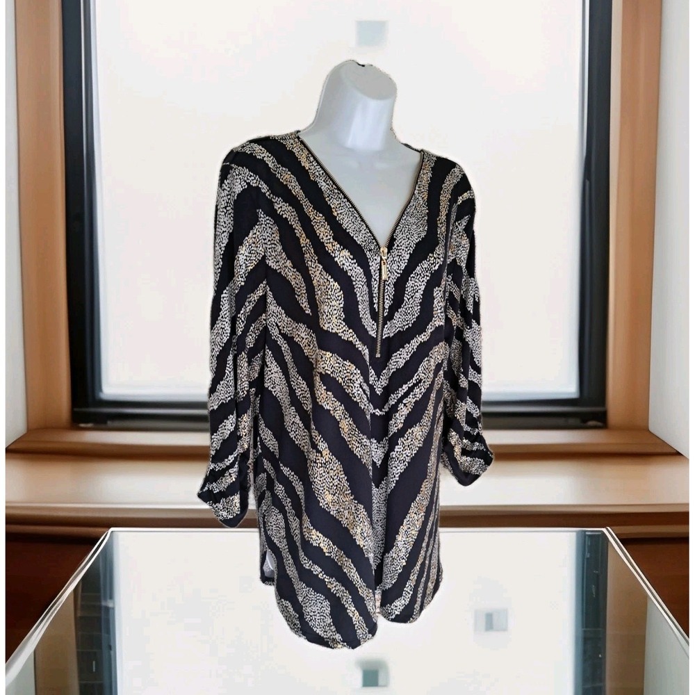 JM‎ Collection Tunic Top L Navy Gold White Zebra Print Front Zip Longer Length